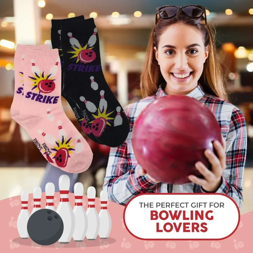 Bowling Strike Lanes Balls Pins Bowl Spare Game Sport 2 Pair Foozys Womens Socks
